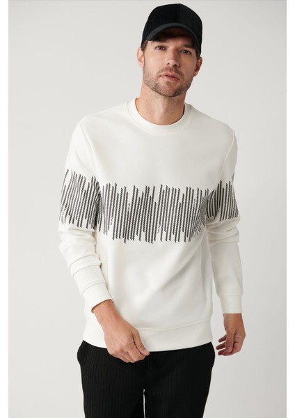 Erkek Ekru Bisiklet Yaka Pamuklu Çizgili Sweatshirt B001203