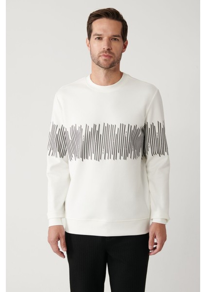 Erkek Ekru Bisiklet Yaka Pamuklu Çizgili Sweatshirt B001203 fırsatları
