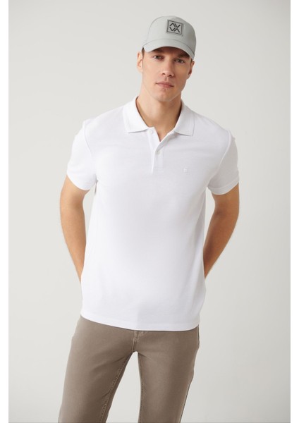 Erkek Beyaz Kıvrılmaz Polo Yaka %100 Pamuk Basic Regular Fit T-Shirt B001032