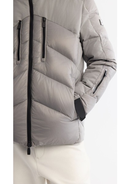 Erkek Gri Çıkma Kapüşonlu Su İtici Rüzgar Geçirmez Kaz Tüyü Şişme Kayak Montu A42Y6158