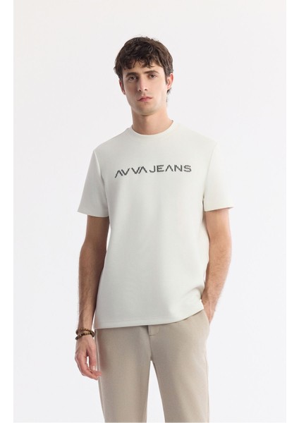 Erkek Ekru Bisiklet Yaka Reflektörlü Bi-Stretch İnterlok Regular Fit T-Shirt A51Y1037