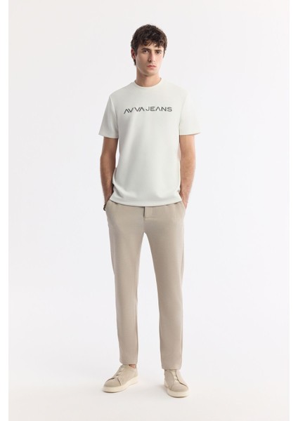 Erkek Ekru Bisiklet Yaka Reflektörlü Bi-Stretch İnterlok Regular Fit T-Shirt A51Y1037