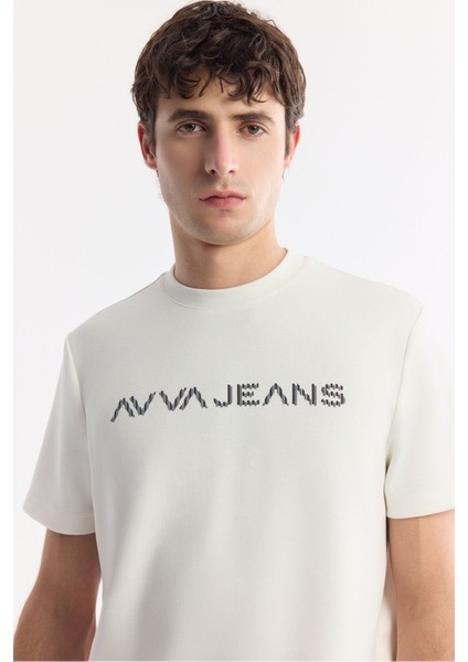 Erkek Ekru Bisiklet Yaka Reflektörlü Bi-Stretch İnterlok Regular Fit T-Shirt A51Y1037