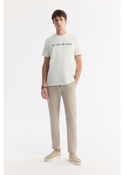 Erkek Ekru Bisiklet Yaka Reflektörlü Bi-Stretch İnterlok Regular Fit T-Shirt A51Y1037