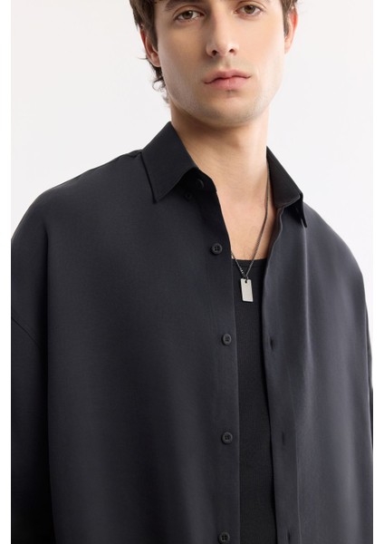 Erkek Siyah Oversize Fit Alttan Britli Yaka Modal Karışımlı Rahat Kesim Gömlek A51y2168 fiyatları
