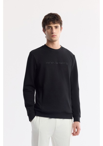 Erkek Siyah Bisiklet Yaka Baskılı Bi Stretch Interlok Sweatshirt A51y1208