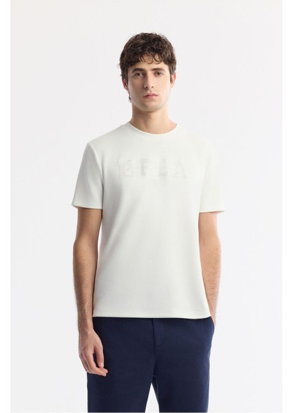 Erkek Ekru Bisiklet Yaka Baskılı Bi Stretch Interlok T-shirt A51y1044