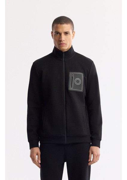 Erkek Siyah Dik Yaka Fermuarlı Bi-Stretch İnterlok Regular Fit Sweatshirt A51Y1219