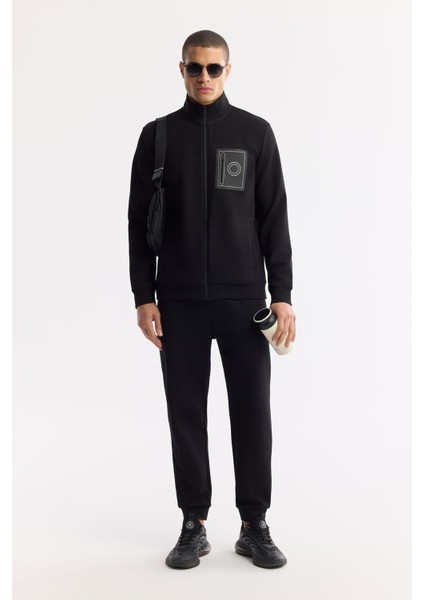 Erkek Siyah Dik Yaka Fermuarlı Bi-Stretch İnterlok Regular Fit Sweatshirt A51Y1219