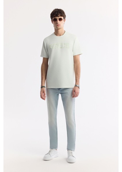 Erkek Su Yeşili Bisiklet Yaka Baskılı Bi Stretch Interlok T-shirt A51y1044