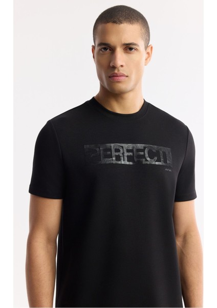 Erkek Siyah Bisiklet Yaka Baskılı Bi Stretch Interlok T-shirt A51y1044