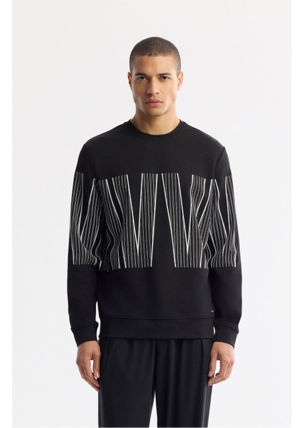 Erkek Siyah Bisiklet Yaka Baskılı Bi Stretch Interlok Sweatshirt A51y1227