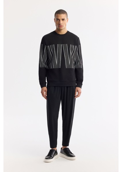 Erkek Siyah Bisiklet Yaka Baskılı Bi Stretch Interlok Sweatshirt A51y1227