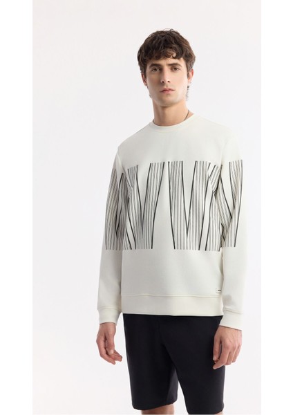 Erkek Ekru Bisiklet Yaka Baskılı Bi Stretch Interlok Sweatshirt A51y1227
