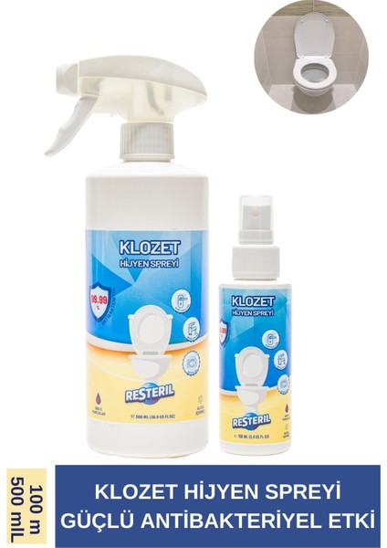 Resteril Klozet Kapağı Dezenfektan Sprey Alkolsüz Parfümsüz %99.99 Sterilizasyon Çanta Boy 100-500ML