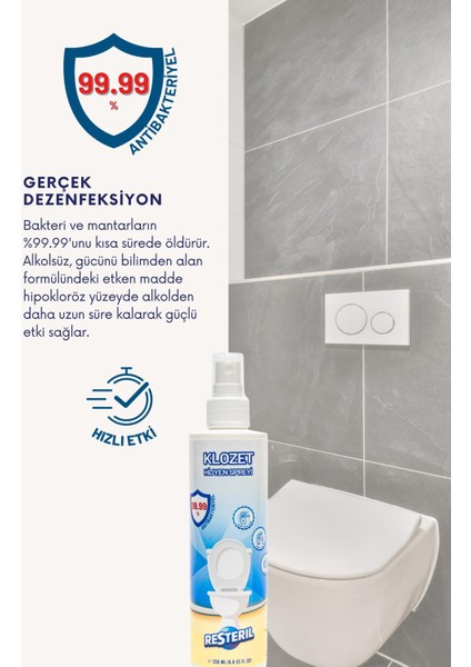 Resteril Klozet Kapağı Dezenfektan Sprey Alkolsüz Parfümsüz %99.99 Sterilizasyon Çanta Boy 100-500ML