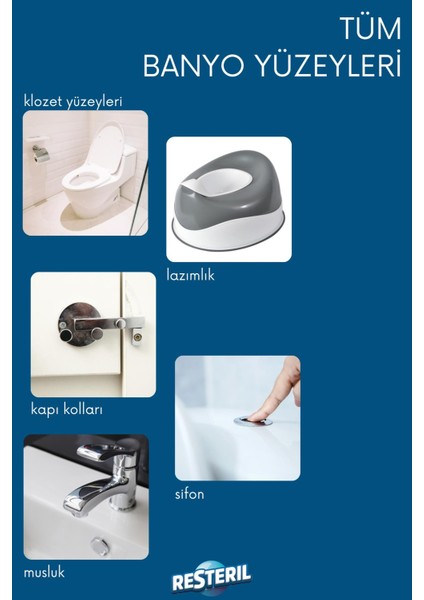 Resteril Klozet Kapağı Dezenfektan Sprey Alkolsüz Parfümsüz %99.99 Sterilizasyon Çanta Boy 100-500ML