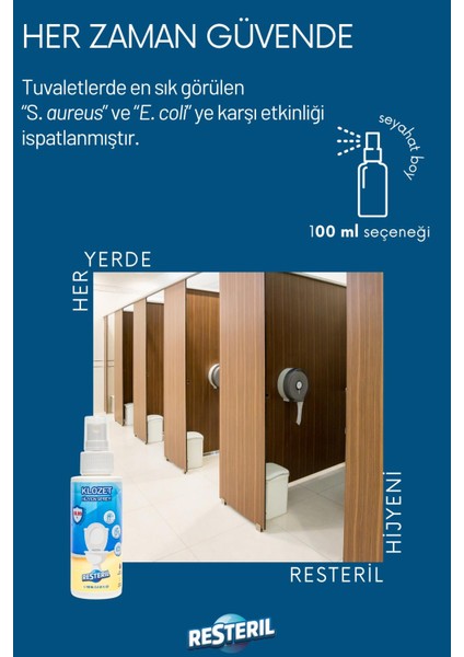 Resteril Klozet Kapağı Dezenfektan Sprey Alkolsüz Parfümsüz %99.99 Sterilizasyon Çanta Boy 100-500ML