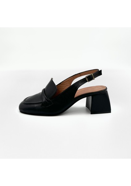 Deri Siyah Topuklu Slingback Loafer - 5 Cm