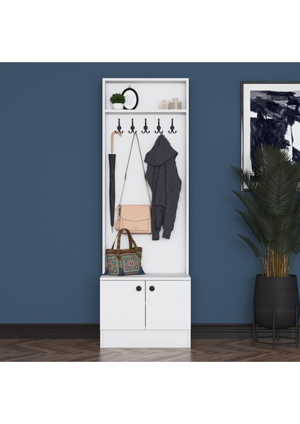 P6 Modern Kapaklı Askılı Raflı Portmanto Vestiyer Beyaz M16
