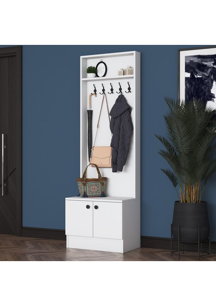 P6 Modern Kapaklı Askılı Raflı Portmanto Vestiyer Beyaz M16