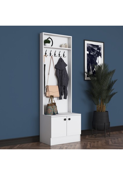 P6 Modern Kapaklı Askılı Raflı Portmanto Vestiyer Beyaz M16