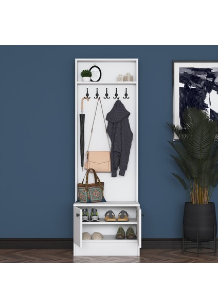 P6 Modern Kapaklı Askılı Raflı Portmanto Vestiyer Beyaz M16