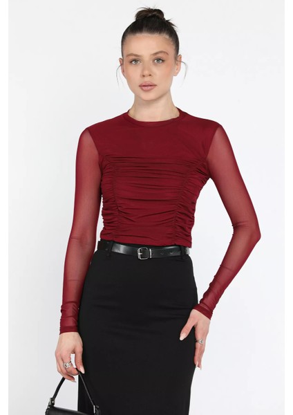 Bisiklet Yaka Ön Büzgülü Transparan Kadın Crop Bluz