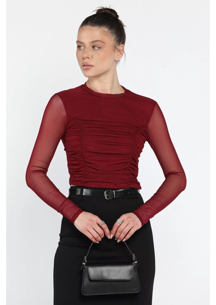 Bisiklet Yaka Ön Büzgülü Transparan Kadın Crop Bluz