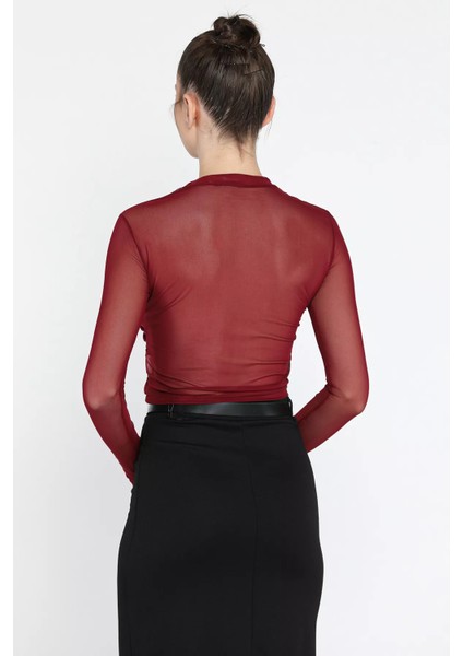 Bisiklet Yaka Ön Büzgülü Transparan Kadın Crop Bluz