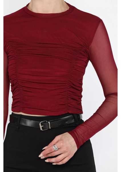 Bisiklet Yaka Ön Büzgülü Transparan Kadın Crop Bluz