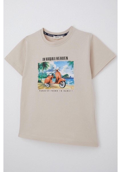 Erkek Çocuk Tişört Scooterla Tropik Hawaii Turu 5-10 Yaş, Bej