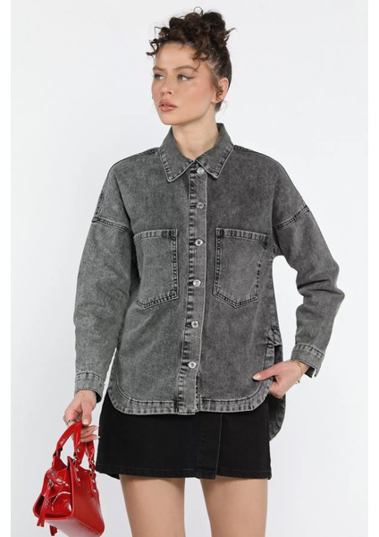 Kadın Çift Cepli Jean Kot Ceket
