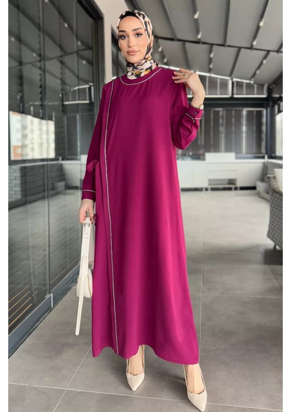 Kadın Bel Kuşaklı Taş Işlemeli Büyük Beden Tesettür Elbise fiyatları