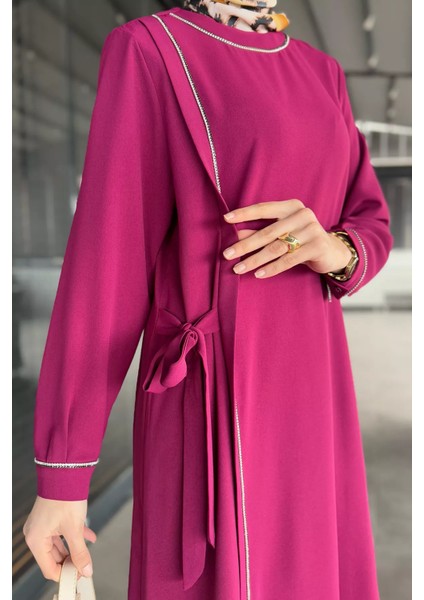 Kadın Bel Kuşaklı Taş Işlemeli Büyük Beden Tesettür Elbise modelleri