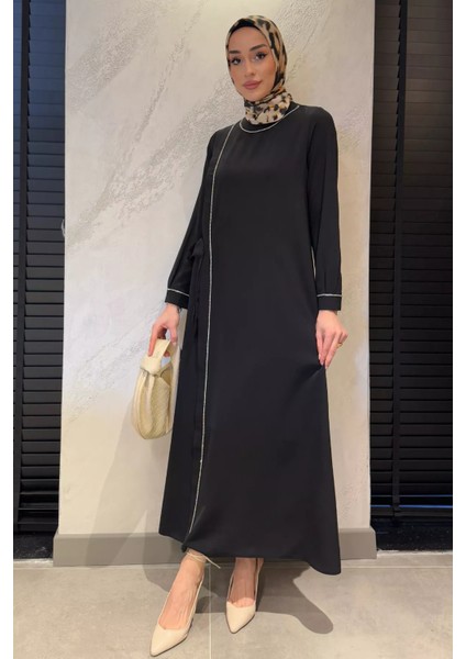 Kadın Bel Kuşaklı Taş Işlemeli Büyük Beden Tesettür Elbise