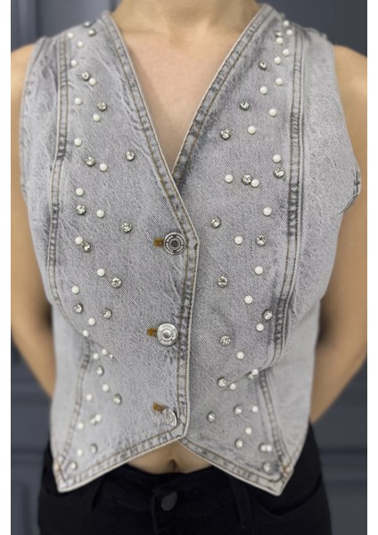 Kadın Taşlı Jean Kot Yelek fırsatları