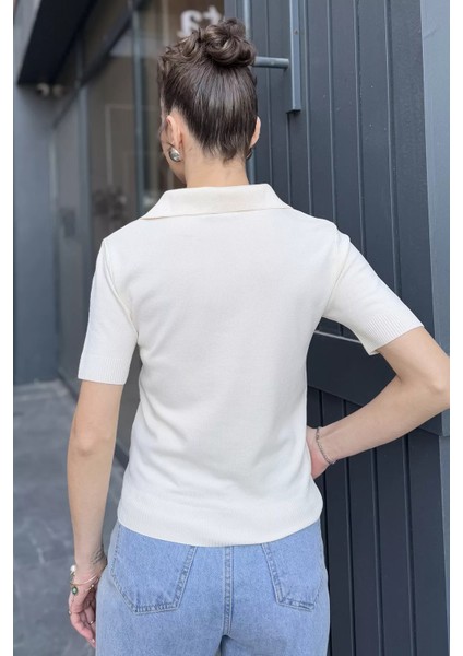 Polo Yaka Gül Nakışlı Kadın Triko Bluz