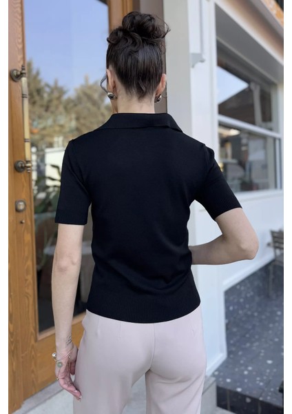 Polo Yaka Gül Nakışlı Kadın Triko Bluz