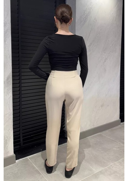 Bel Lastikli Düğme Detaylı Kadın Büyük Beden Kumaş Pantolon modelleri