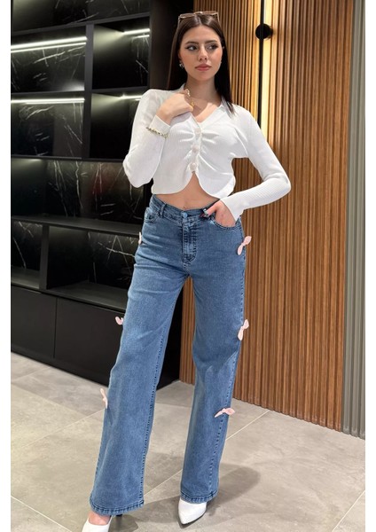 Fiyonk Detaylı Yüksek Bel Bol Paça Kadın Jean Kot Pantolon P-00014812