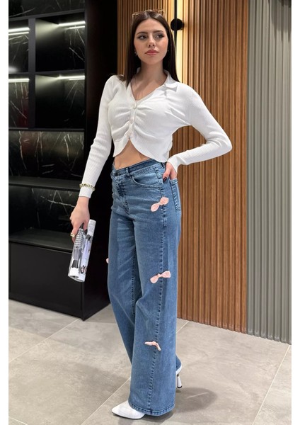 Fiyonk Detaylı Yüksek Bel Bol Paça Kadın Jean Kot Pantolon P-00014812 fiyatları