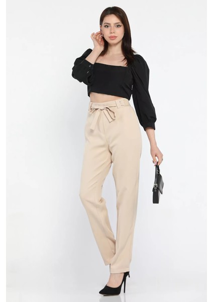 Bel Bağlamalı Lastikli Kadın Boru Paça Büyük Beden Pantolon
