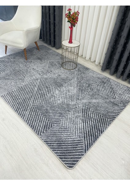 Gri Renk Geometrik Desen Yolluk Kaymaz Taban Halı