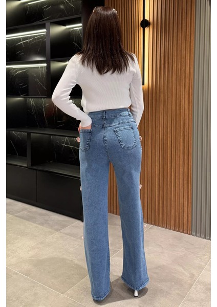 Fiyonk Detaylı Yüksek Bel Bol Paça Kadın Jean Kot Pantolon P-00014812 fırsatları