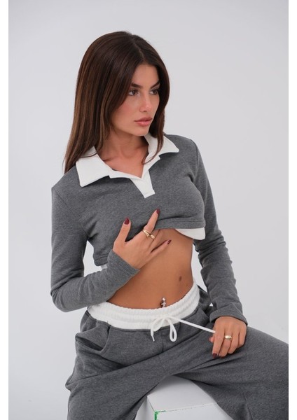Polo Yaka Garnili Crop Sweatshirt