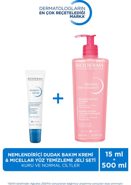 Nemlendirici Dudak Kremi & Hassas ve Normal Ciltler Micellar Yüz Temizleme Jeli 500 ml 2'li Set