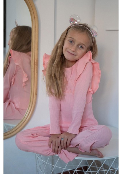 Kız Çocuk Taytlı Takım Yazı Nakışlı Paçası Yırtmaçlı 4-8 Yaş, Pembe fiyatları