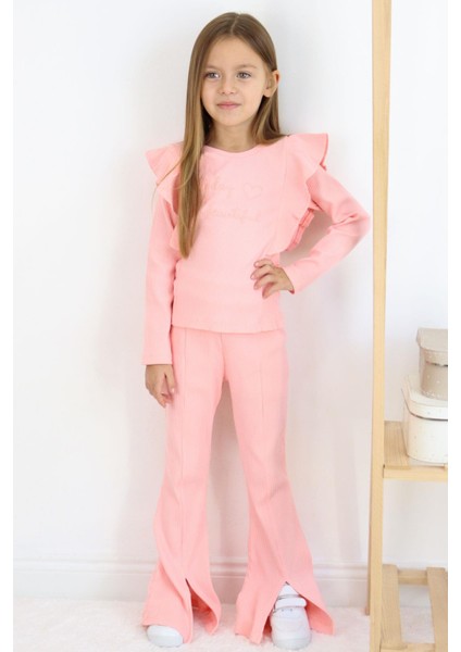Kız Çocuk Taytlı Takım Yazı Nakışlı Paçası Yırtmaçlı 4-8 Yaş, Pembe modelleri