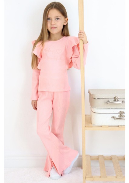 Kız Çocuk Taytlı Takım Yazı Nakışlı Paçası Yırtmaçlı 4-8 Yaş, Pembe fırsatları